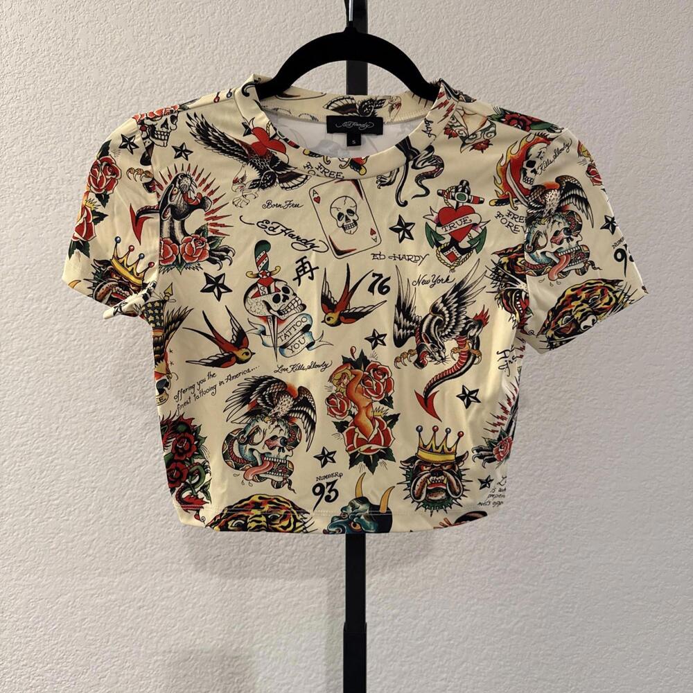 Women’s ED HARDY SKULL  & ANIMAL PRINT Crop Top T Shirt/Baby Tee Size Small Y2K